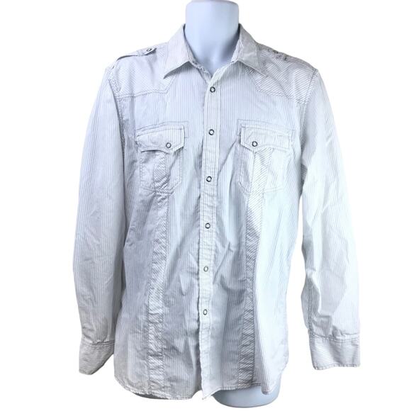 INC Gray White Pinstriped Snap Front Shirt Sz L - Picture 1 of 6